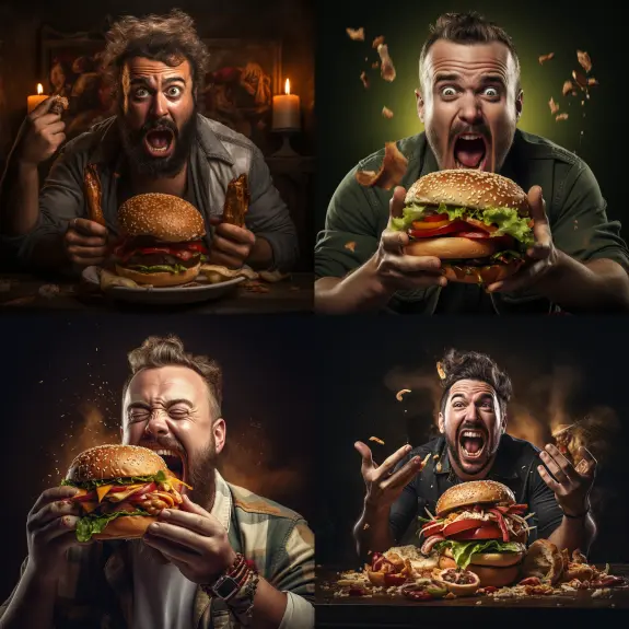Ai image generation of “photo advert of a man eating a burger"