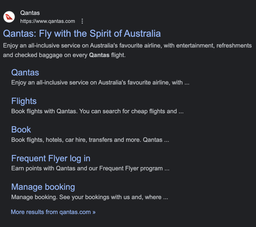 Google search results for Qantas, a global company, in English.
