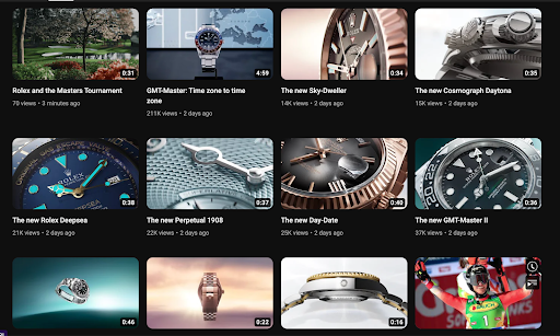 Rolex' youtube channel showing lots of videos about watches